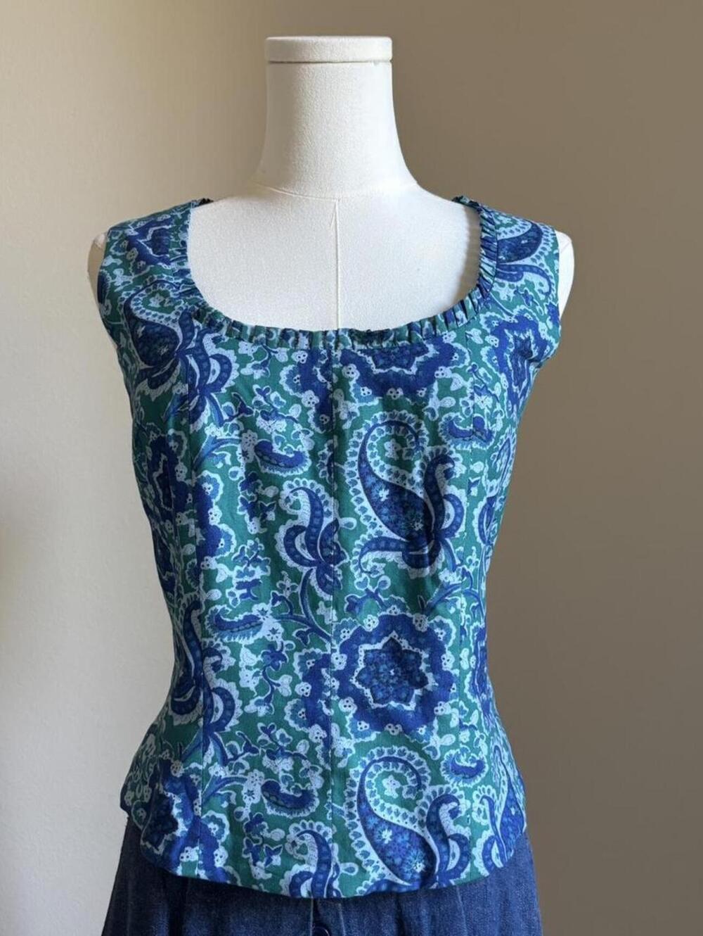 Souleiado France Blue Green Paisley Lace-Up Back Cotton Top Size 42